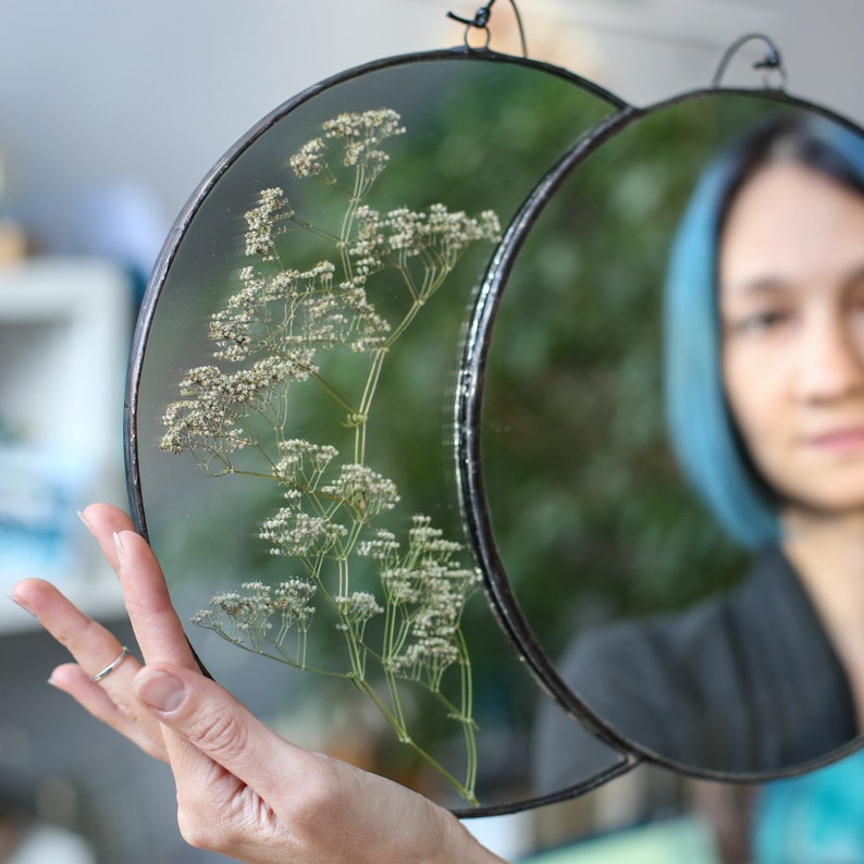 Gypsophila stained glass mirror with crescent moon frame, Floral wall hanging art with round decorative mirror and framed pressed plants image 3