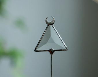Gothic geometrical beveled suncatcher stick with moon. Garden triangle plant stake. Angular stained glass home decor for windowsill pot