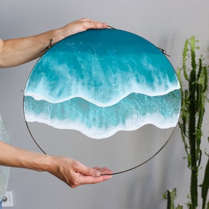 Decoración de pared con arte de resina de mar y océano, arte fluido sobre vidrio para colgar en ventanas, decoración redonda de playa para el hogar, atrapasol para ventanas