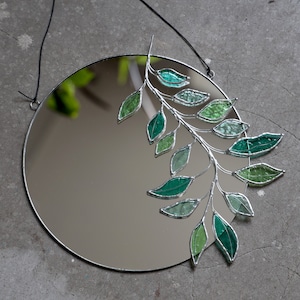 Eucalyptus stained glass mirror, Botanical wall hanging mirror with silver trim, Round green plant floating mirror, Boho circle mirror decor
