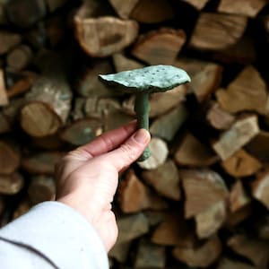May include: A hand holds a green ceramic mushroom sculpture. The mushroom has a textured cap and a smooth stem. The background is a pile of stacked firewood.