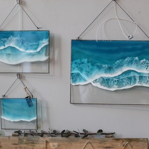 Ocean resin art with 2 wave painting, Sea resin art wall hanging, Rectangular window suncatcher, Coastal beach wall art