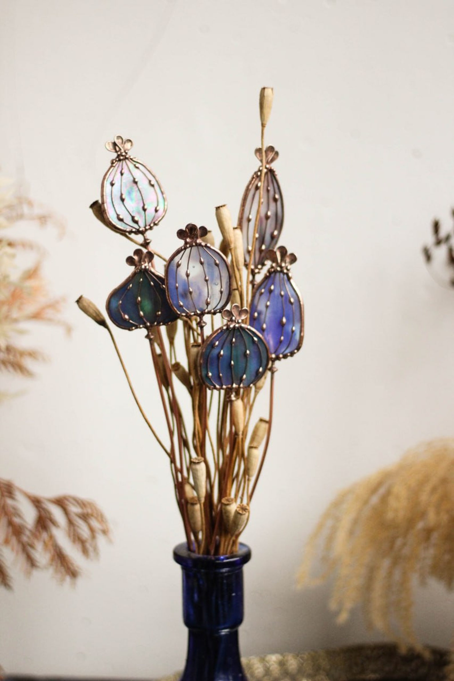 Blue Stained Glass Flower Heads Plant Stake. Fantasy Floral Pod