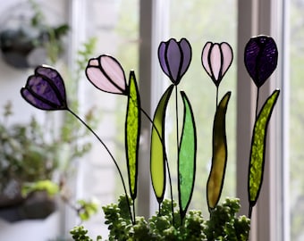 Crocus purple stained glass flower on a stem, spring single branch Sun Catcher, bohemian home decor