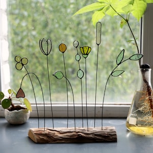 Stained Glass Flower on a Stem, 9 flowers suncatcher bouquet flowers with stand or vase, Twigs and leaves, Sun Catcher, Living room art,