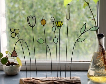 Glasmalerei-Blume auf einem Stiel, 9 Blumen Suncatcher-Blumenstrauß mit Ständer oder Vase, Zweige und Blätter, Sun Catcher, Wohnzimmerkunst,