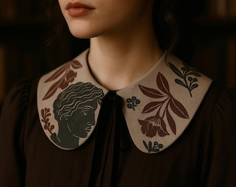 Linen dress collar, Greek Statue Face, Artistic Detachable Collar, Handprinted Linen Neck Accessory with Floral Motif