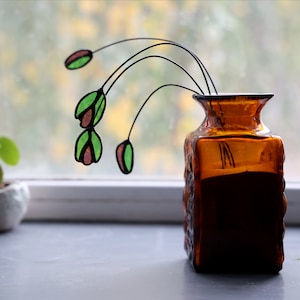 Poppy Bud Stained Glass Flower on a Stem, Single Branch, Sun Catcher, red and green flowers