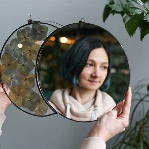 Gypsophila stained glass mirror with crescent moon frame, Floral wall hanging art with round decorative mirror and framed pressed plants Hydrangea