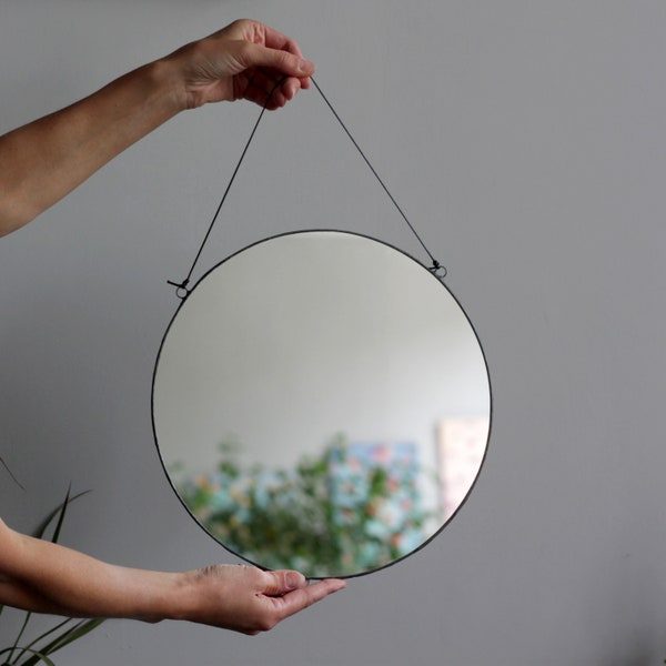 Circle mirror, Round hanging mirror with black trim, Minimalistic mirror wall decor, No frame bathroom mirror