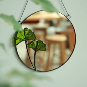 Round stained glass mirror with Ginkgo leaves, Circle wall hanging mirror, Botanical plant floating mirror, Bathroom accent mirror image 2