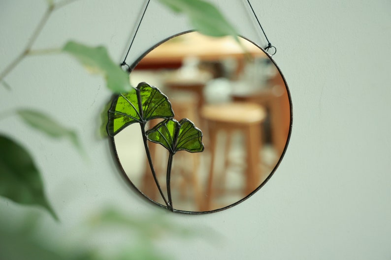 Round stained glass mirror with Ginkgo leaves, Circle wall hanging mirror, Botanical plant floating mirror, Bathroom accent mirror image 2