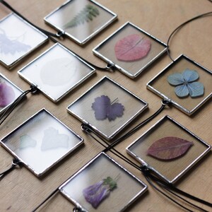 Stained glass Herbarium pendant, Botanical jewelry, geometric with pressed plants, wildflowers and leaves image 3