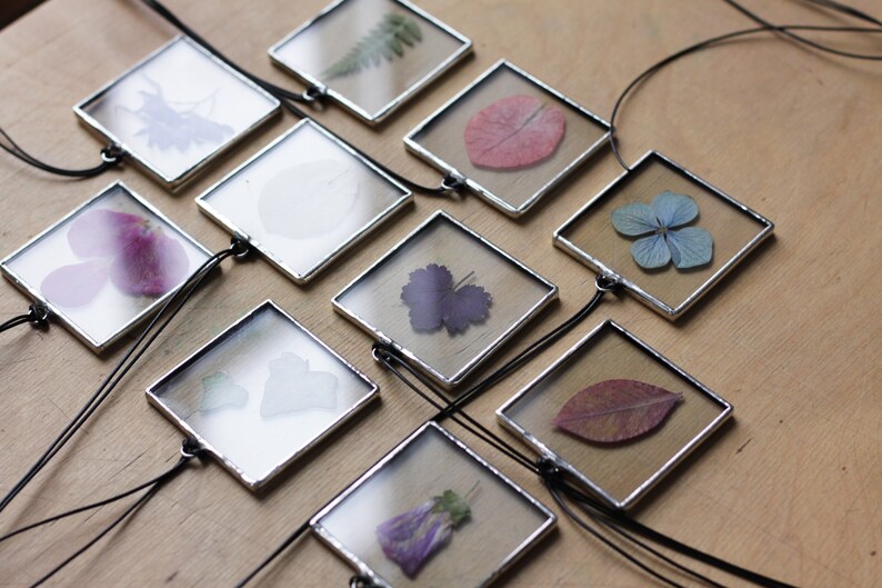 Stained glass Herbarium pendant, Botanical jewelry, geometric with pressed plants, wildflowers and leaves image 3