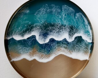 Ocean Resin Serving Tray with Waves, Metal Round Decorative Tray, Coastal Home Décor, Scratch-Resistant & Heatproof