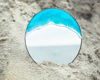 Round wall mirror, Resin sea wave wall hanging, Ocean resin art decorative mirror, Coastal accent mirror, Boho home decor