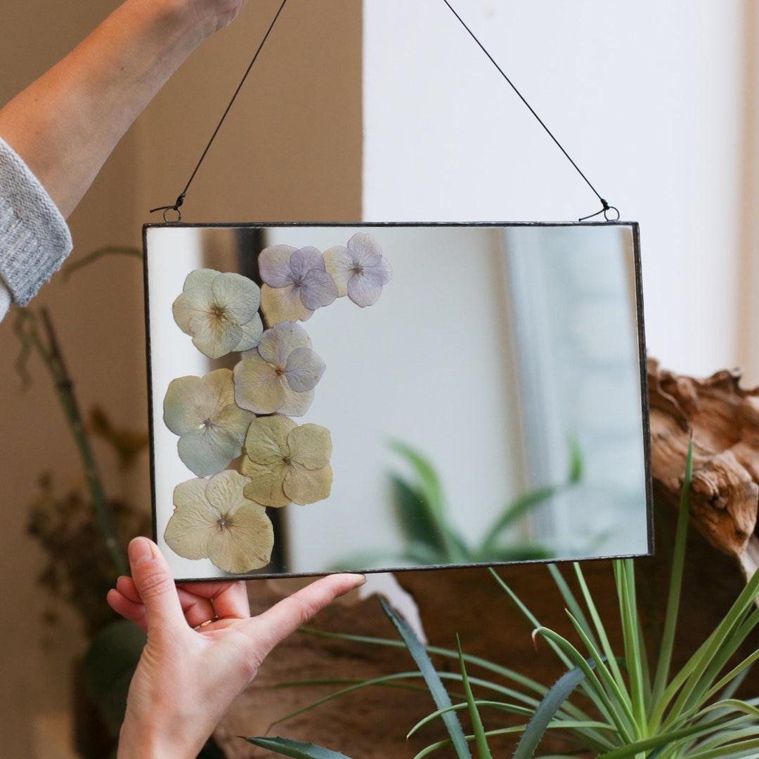 Hydrangea Mirror Stained Glass Mirror With Pressed Flower Hydrangea, Rectangular Wall ...