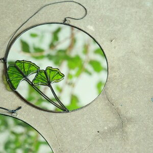 Round stained glass mirror with Ginkgo leaves, Circle wall hanging mirror, Botanical plant floating mirror, Bathroom accent mirror image 5