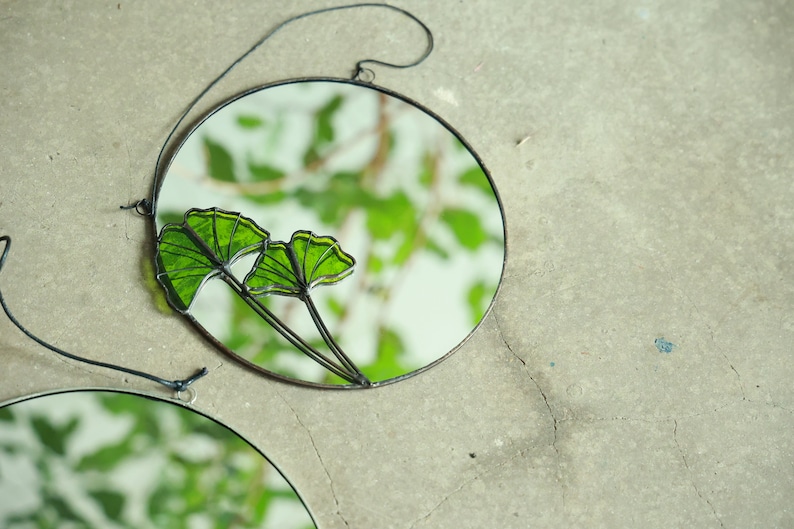 Round stained glass mirror with Ginkgo leaves, Circle wall hanging mirror, Botanical plant floating mirror, Bathroom accent mirror image 5