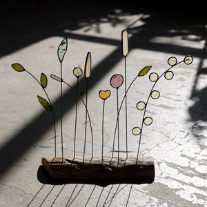 Stained Glass Flower on a Stem, Twigs and leaves bouquet of 9 flowers with stand or vase, Sun Catcher, Living room art,
