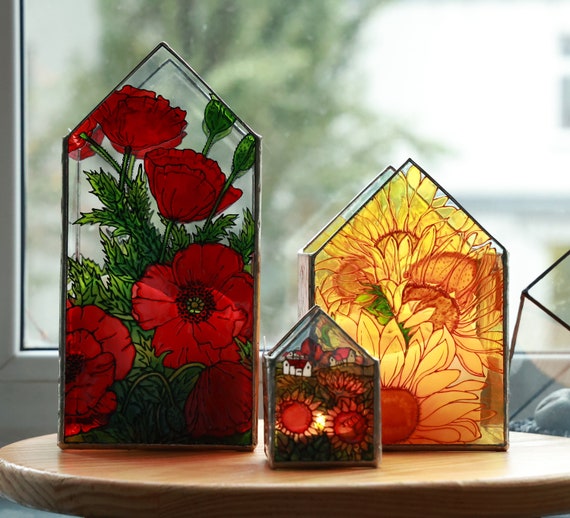 Rustic Painted Faux Stained Glass Candle Holder With Sunflowers