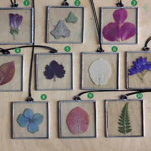 Stained glass Herbarium pendant, Botanical jewelry, geometric with pressed plants, wildflowers and leaves image 10