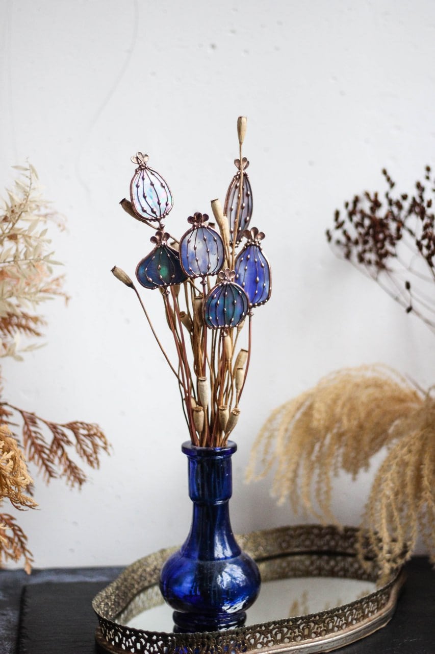Blue Stained Glass Flower Heads Plant Stake. Fantasy Floral Etsy UK