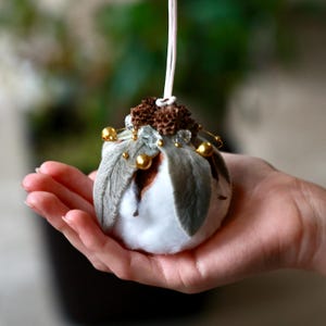 Cotton ball Christmas ornament, rustic natural Xmas tree hanging decoration