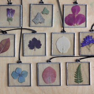 Stained glass Herbarium pendant, Botanical jewelry, geometric with pressed plants, wildflowers and leaves image 4