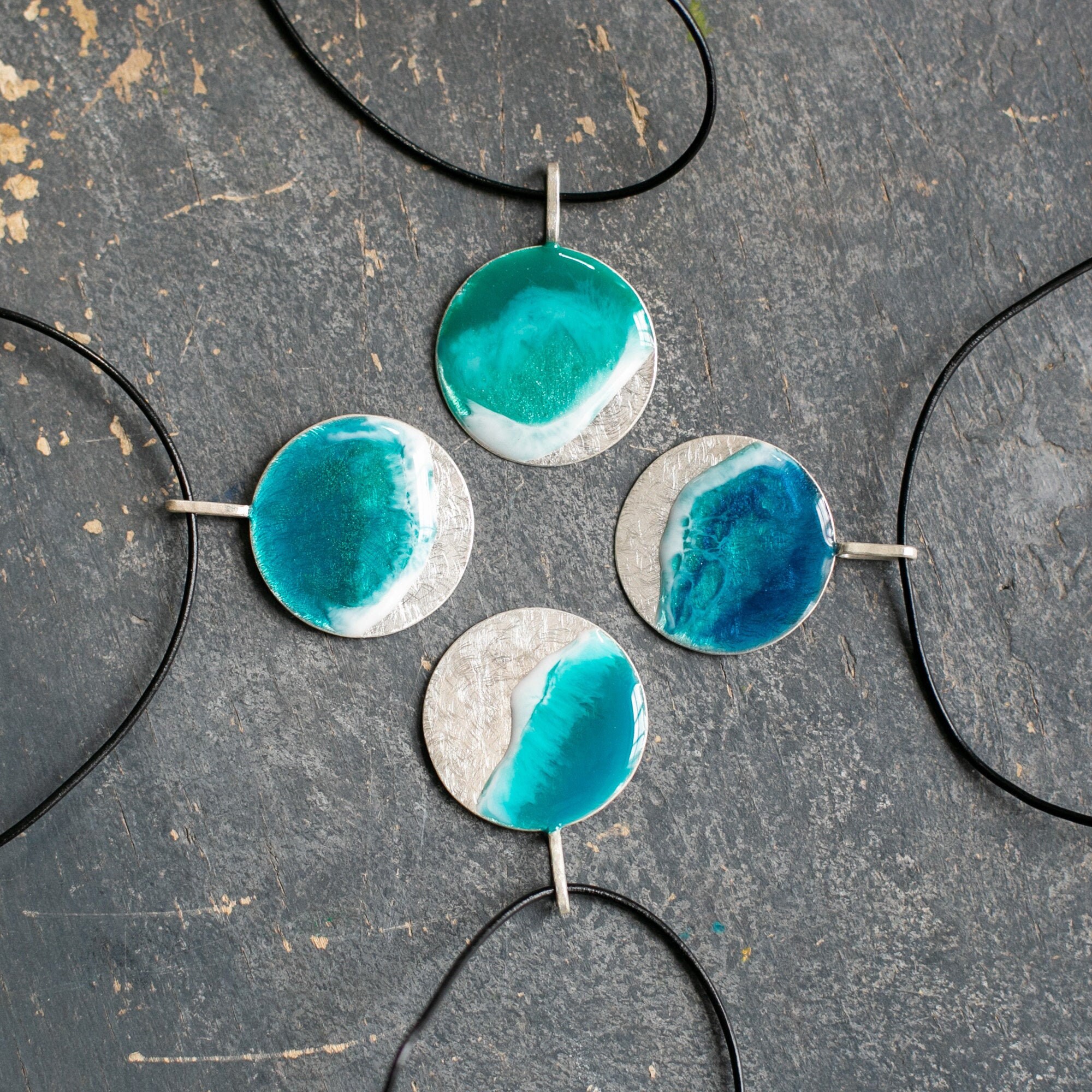 Resin sea silver pendant ocean art jewelry round disc Etsy