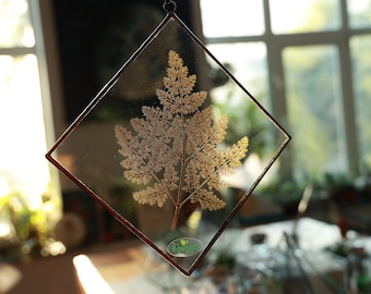 Real pressed Fern leaf square floating stained glass frame. Dried pressed plant in glass wall hanging art. Unique hand made home decor