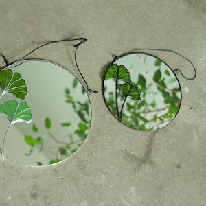 Round stained glass mirror with Ginkgo leaves, Circle wall hanging mirror, Botanical plant floating mirror, Bathroom accent mirror image 7