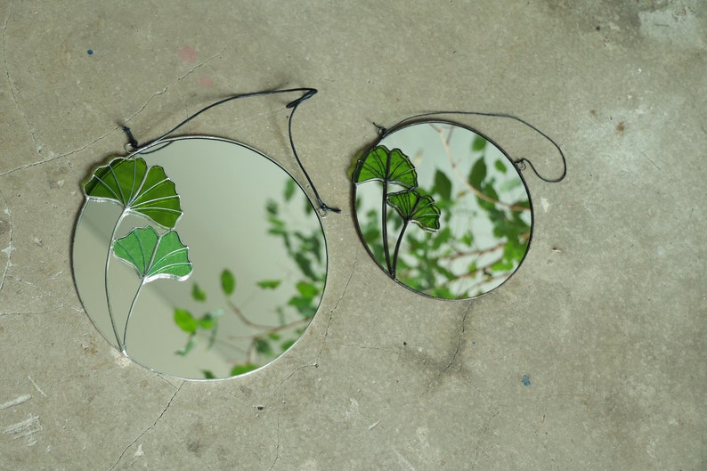 Round stained glass mirror with Ginkgo leaves, Circle wall hanging mirror, Botanical plant floating mirror, Bathroom accent mirror image 7