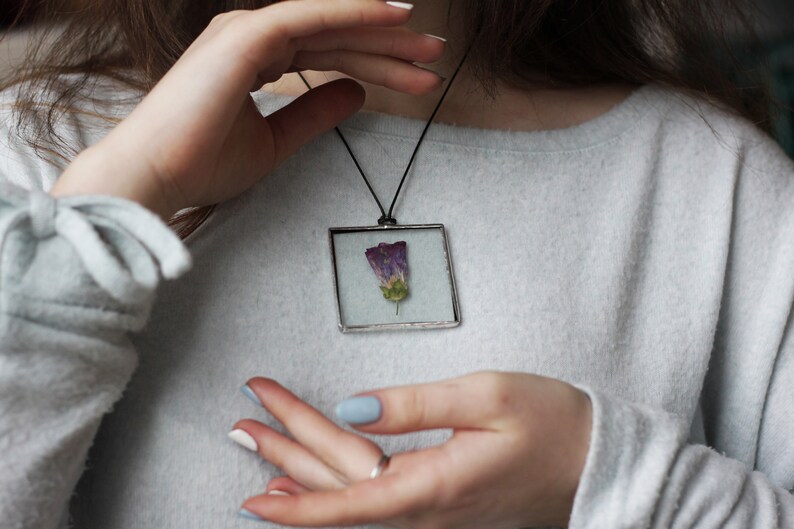 Stained glass Herbarium pendant, Botanical jewelry, geometric with pressed plants, wildflowers and leaves 1