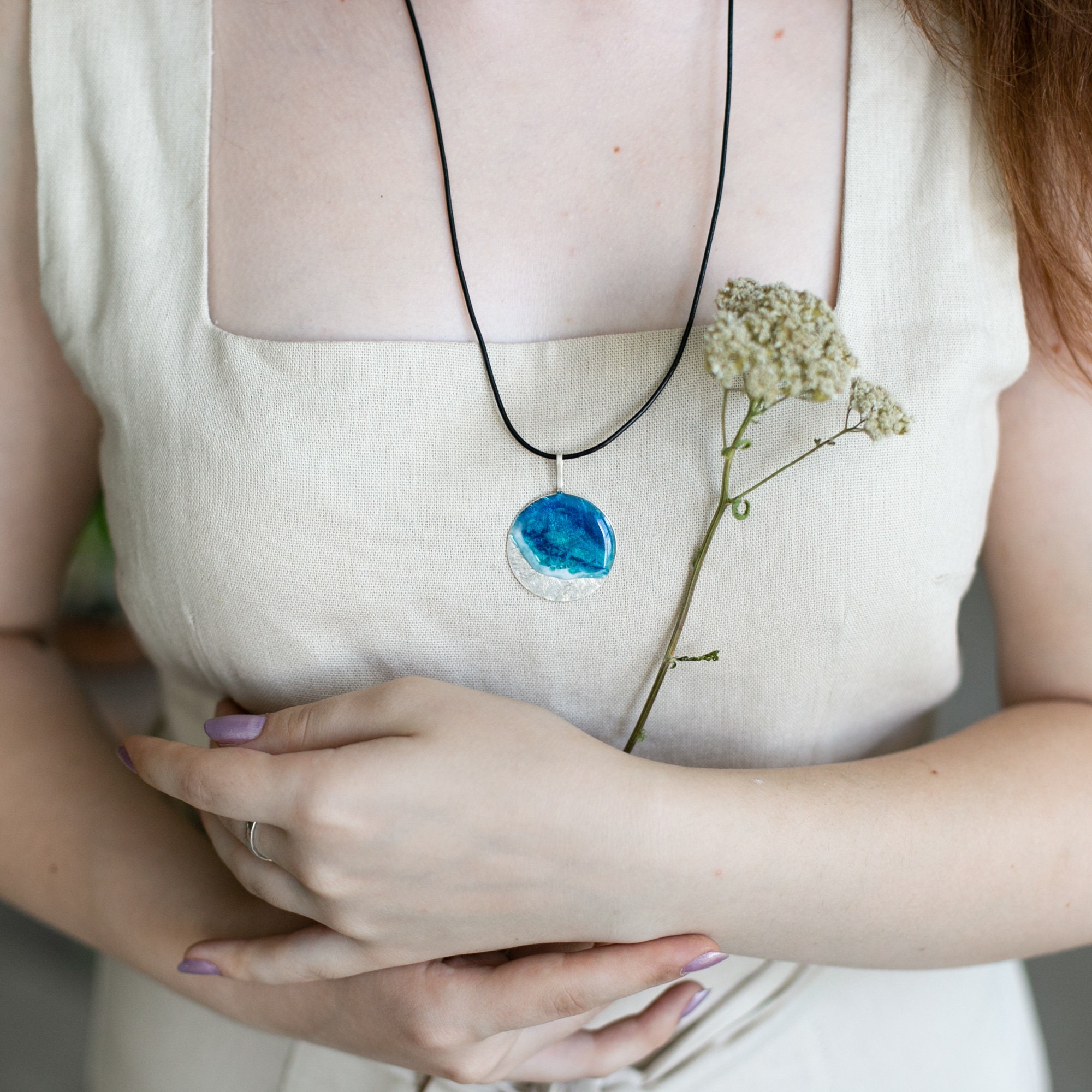 Resin sea silver pendant ocean art jewelry round disc Etsy