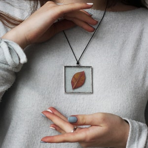 Stained glass Herbarium pendant, Botanical jewelry, geometric with pressed plants, wildflowers and leaves 4