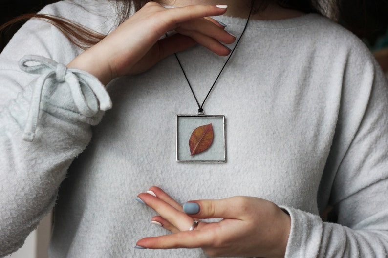 Stained glass Herbarium pendant, Botanical jewelry, geometric with pressed plants, wildflowers and leaves 4