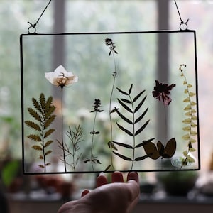 Pressed flower frame, floral glass floating frame, dried leaves frame, fern collage framed art, botanical art, natural herbarium frame