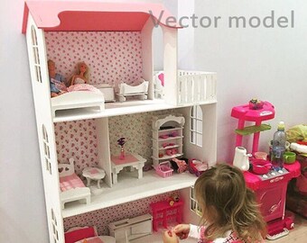 Dollhouse 3 floors for Barbie vector plan, dollhouse laser cut vector model, vector template for laser cutting, cnc file, instant download