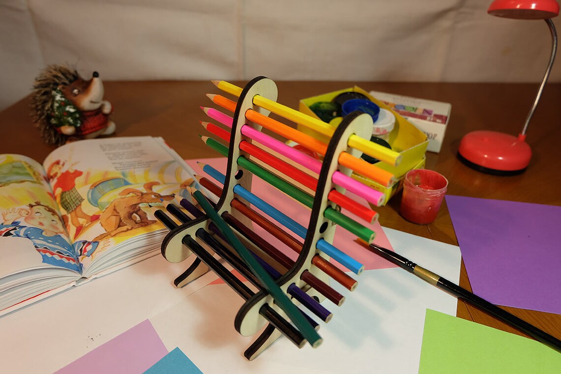 Pencil Holder Drawing Wooden Desk Organizer Laser Cut Vector Etsy