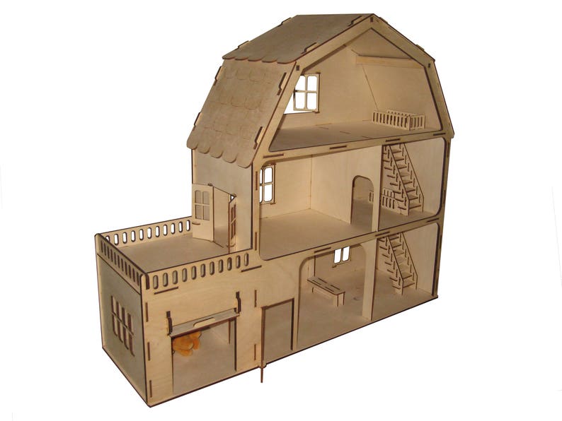 Dollhouse 3 Floors With Garage Laser Cut Doll House Wooden Etsy