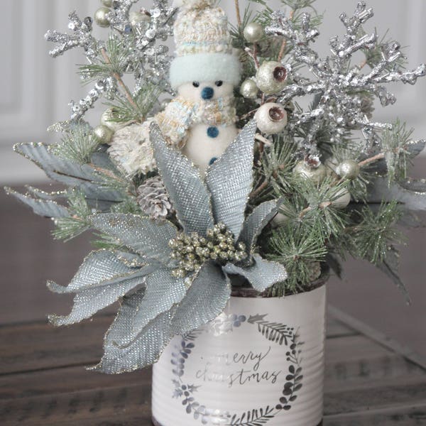 Christmas Decor, Blue Christmas Arrangement, Snowman Centerpiece, Blue Poinsettias, Berries and Pine in a White Ceramic Pot