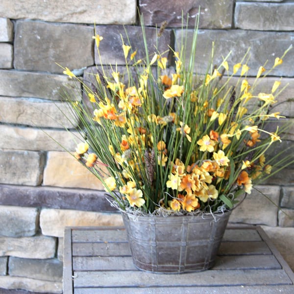 Silk Floral Centerpiece, Rustic farmhouse. Wildflowers and grass with cattails in a metal container