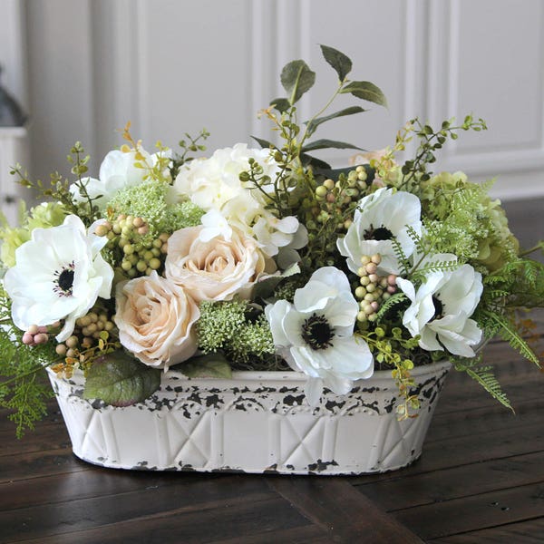 French Country/Cottage Decor, Table Centerpiece, Silk Floral Arrangement, Roses, Anenomes and Hydrangeas in a White Distressed Container