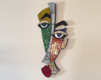 Theo Man - Picasso face cubist wall hanging - colorful glass mosaic - modern wall art - handmade mosaic sculpture - abstract funny pop decor