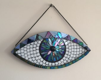 Eye In The Sky - Evil Eye home decoration - handmade wall pop art - unique wall hanging - modern glass mosaic - mesmerizing faith symbol