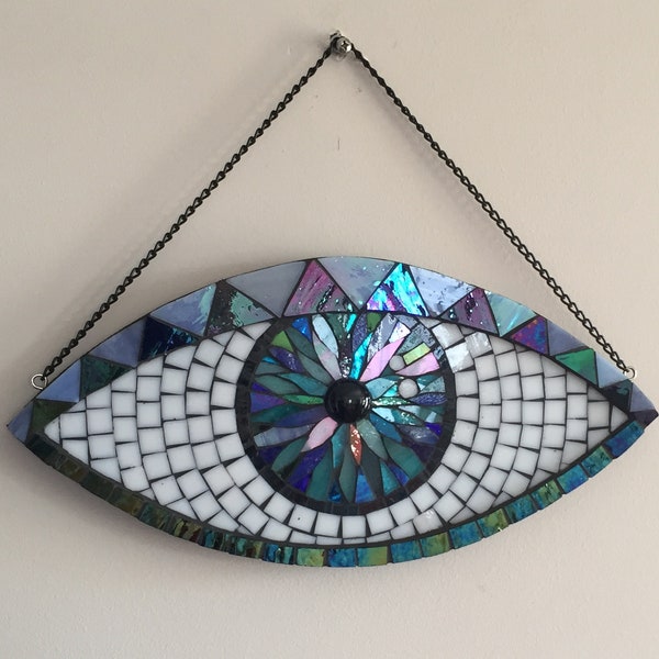 Eye In The Sky - Evil Eye home decoration - handmade wall pop art - unique wall hanging - modern glass mosaic - mesmerizing faith symbol