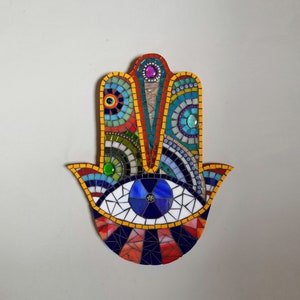 Rainbow Hamsa - handmade unique glass mosaic wall art - colorful wall decoration - shiny pop art accessory - fascinating faith symbol -