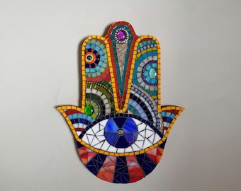 Rainbow Hamsa - handmade unique glass mosaic wall art - colorful wall decoration - shiny pop art accessory - fascinating faith symbol -