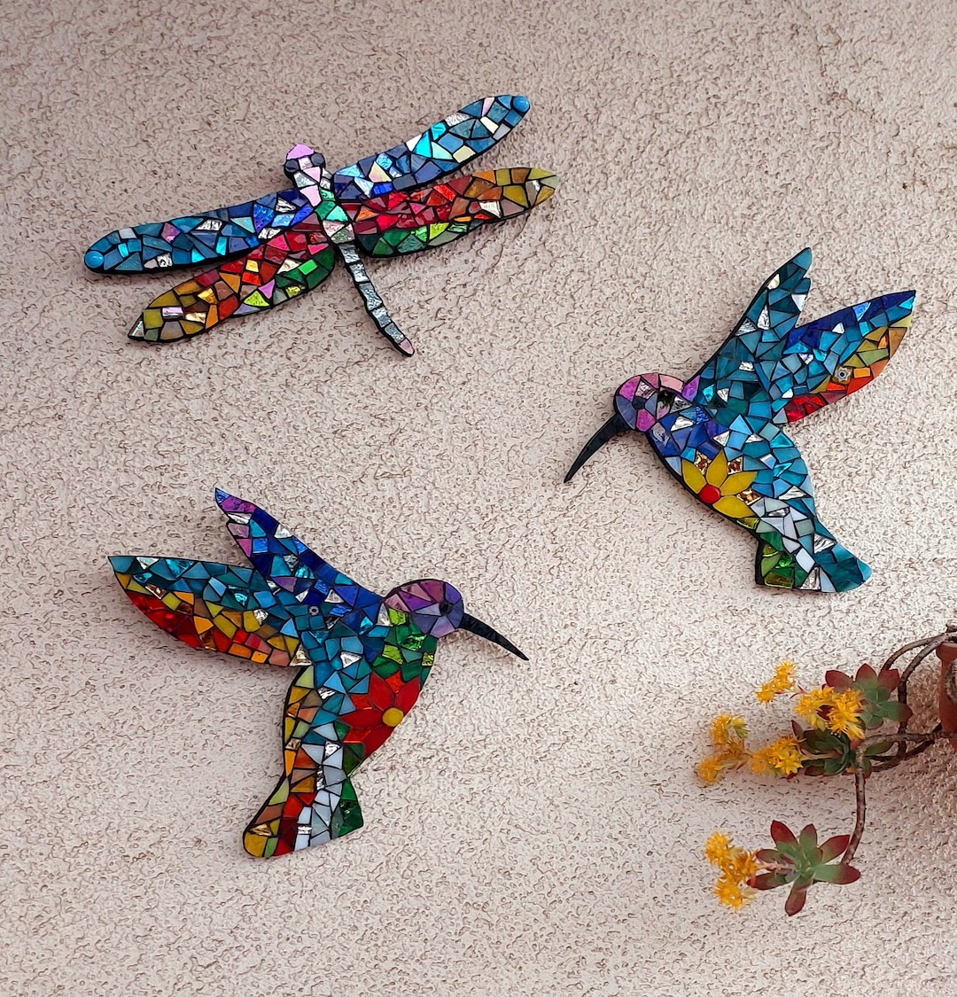 Rainbow Hummingbird and Dragonfly Customizable Colorful Glass Mosaic Mesmerizing Wall Art